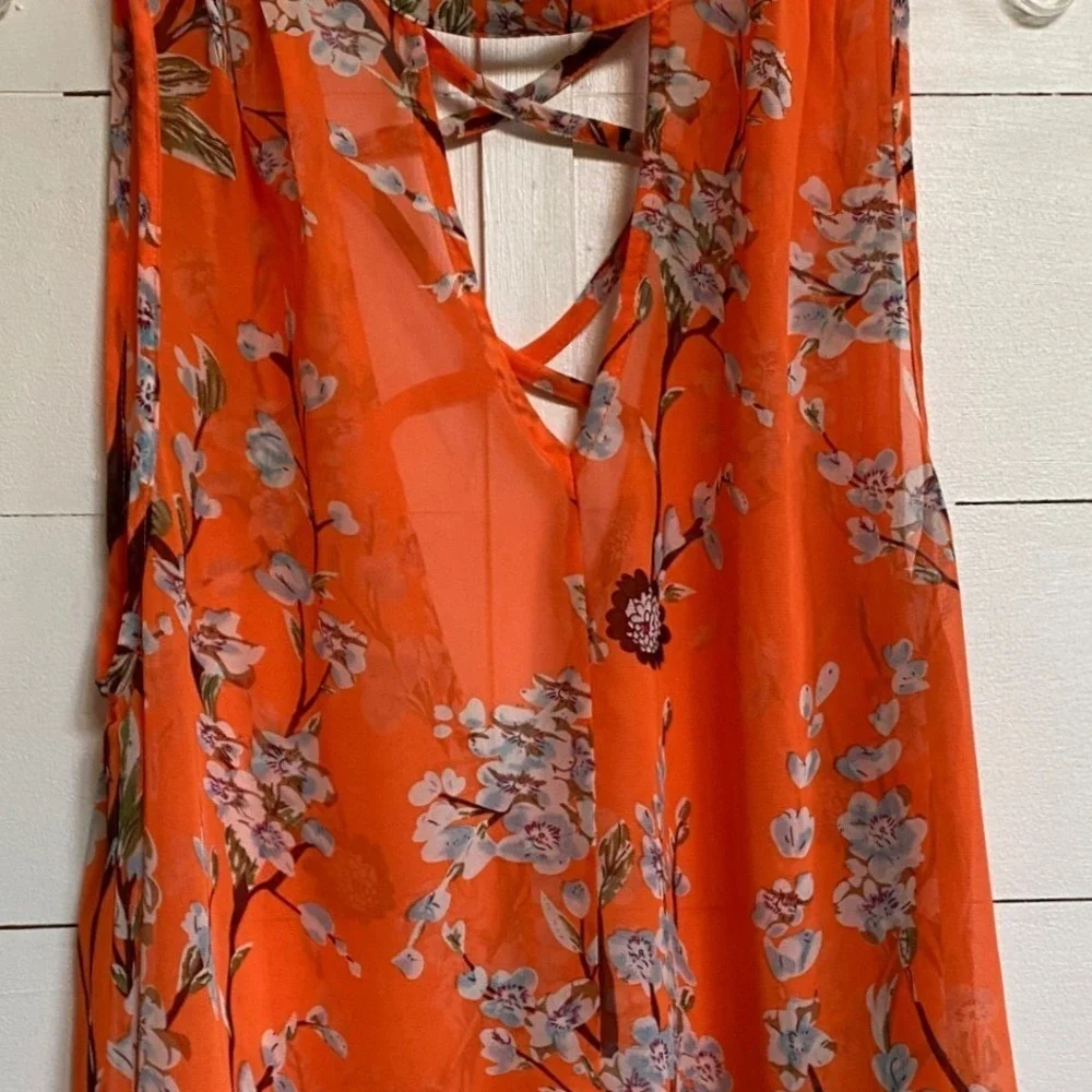 Miss Me Orange Floral Choker Neck Open Back Crisscross Blouse MDT1017T L - Picture 11 of 14